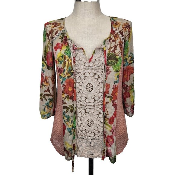 Anthropologie Meadow Rue Floral Peasant Blouse S Pink Ivory Sheer 3/4 Sleeve - Picture 1 of 12
